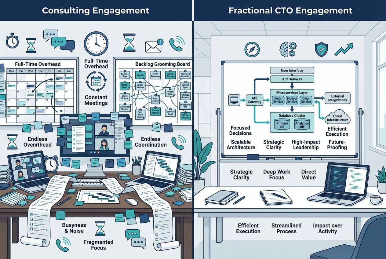 Consulting engagement vs fractional CTO - full-time overhead vs focused strategic decisions