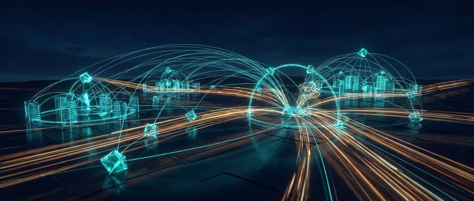 Abstract visualization of high-throughput distributed system architecture with data flowing through cache layers and regional clusters