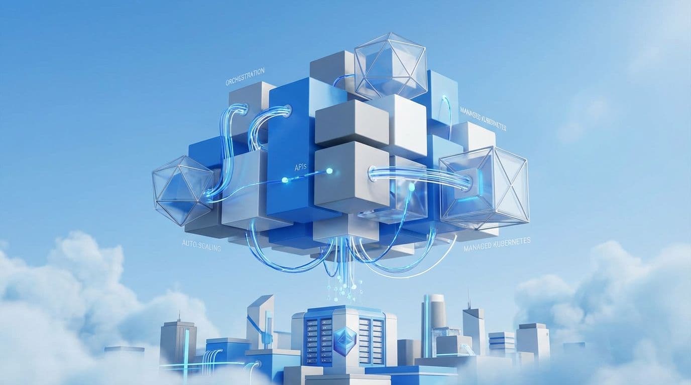 Modular architectural blocks assembling in the sky to illustrate cloud-native automation and scalability.