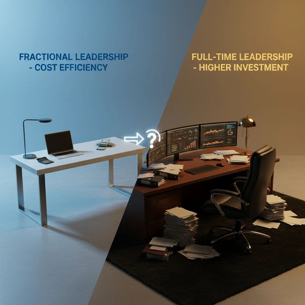 Diagram comparing Fractional Leadership (cost efficiency) and Full-Time Leadership (higher investment)