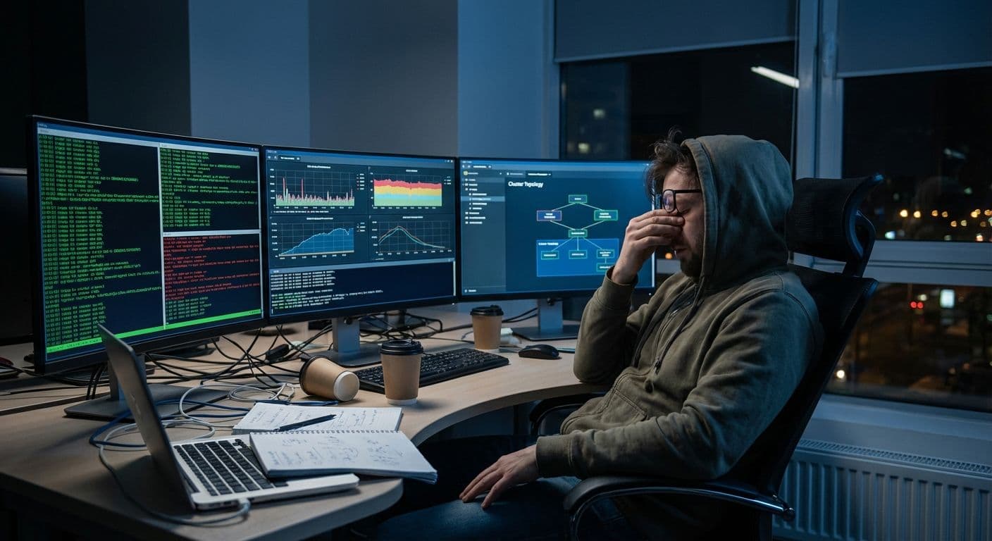 A software engineer analyzing system logs and monitoring metrics late at night to solve critical bugs.
