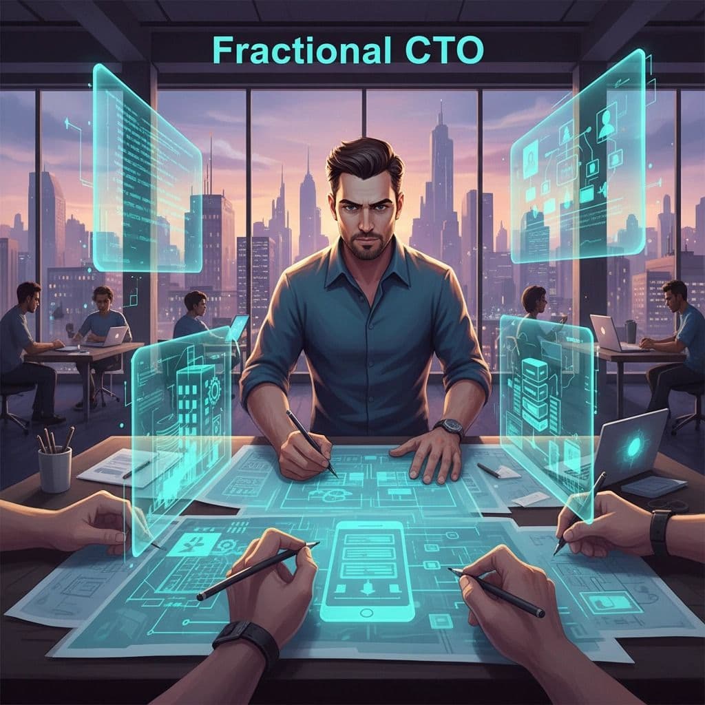 Illustration of a Fractional CTO working on multiple tasks