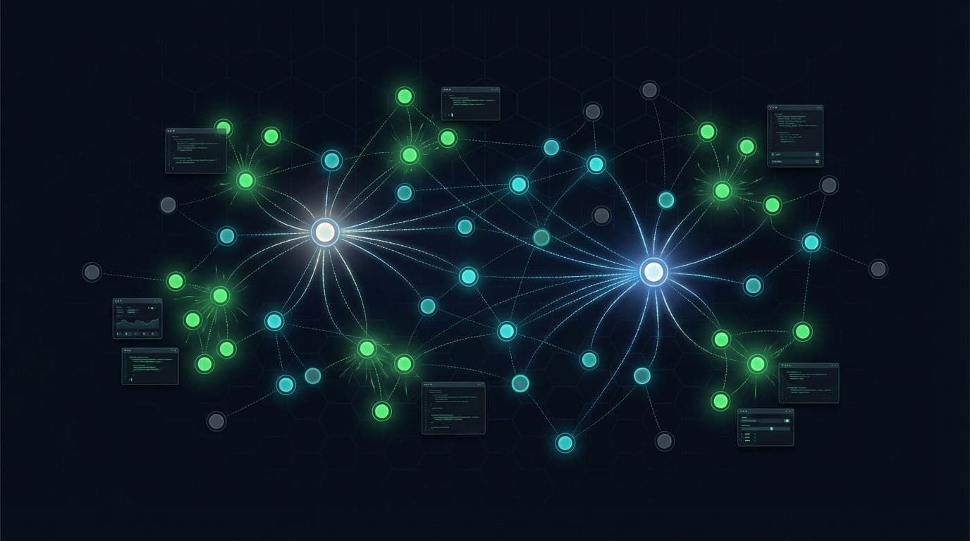 AI coding swarm topology visualization showing interconnected agent nodes processing tickets autonomously