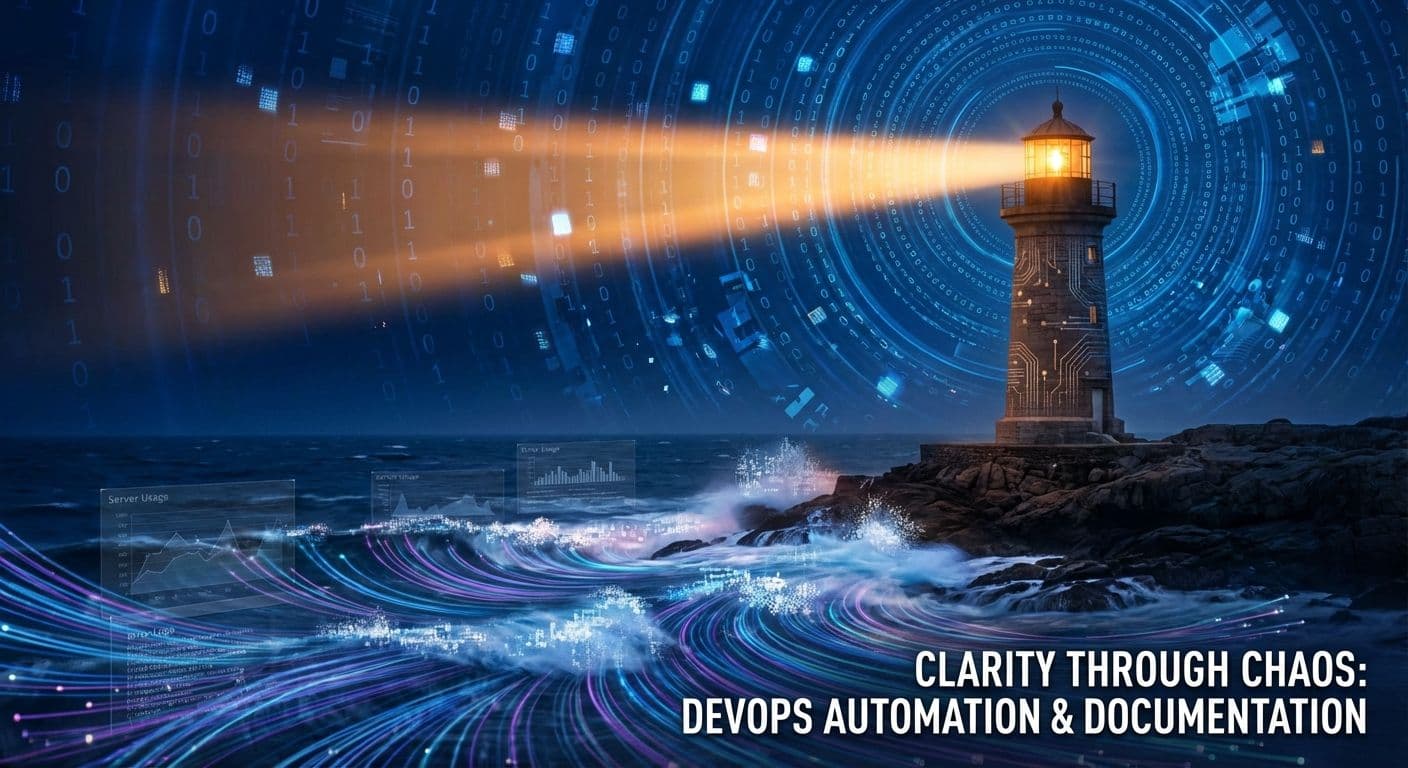A lighthouse beam cutting through digital noise, symbolizing clear monitoring signals and incident response.